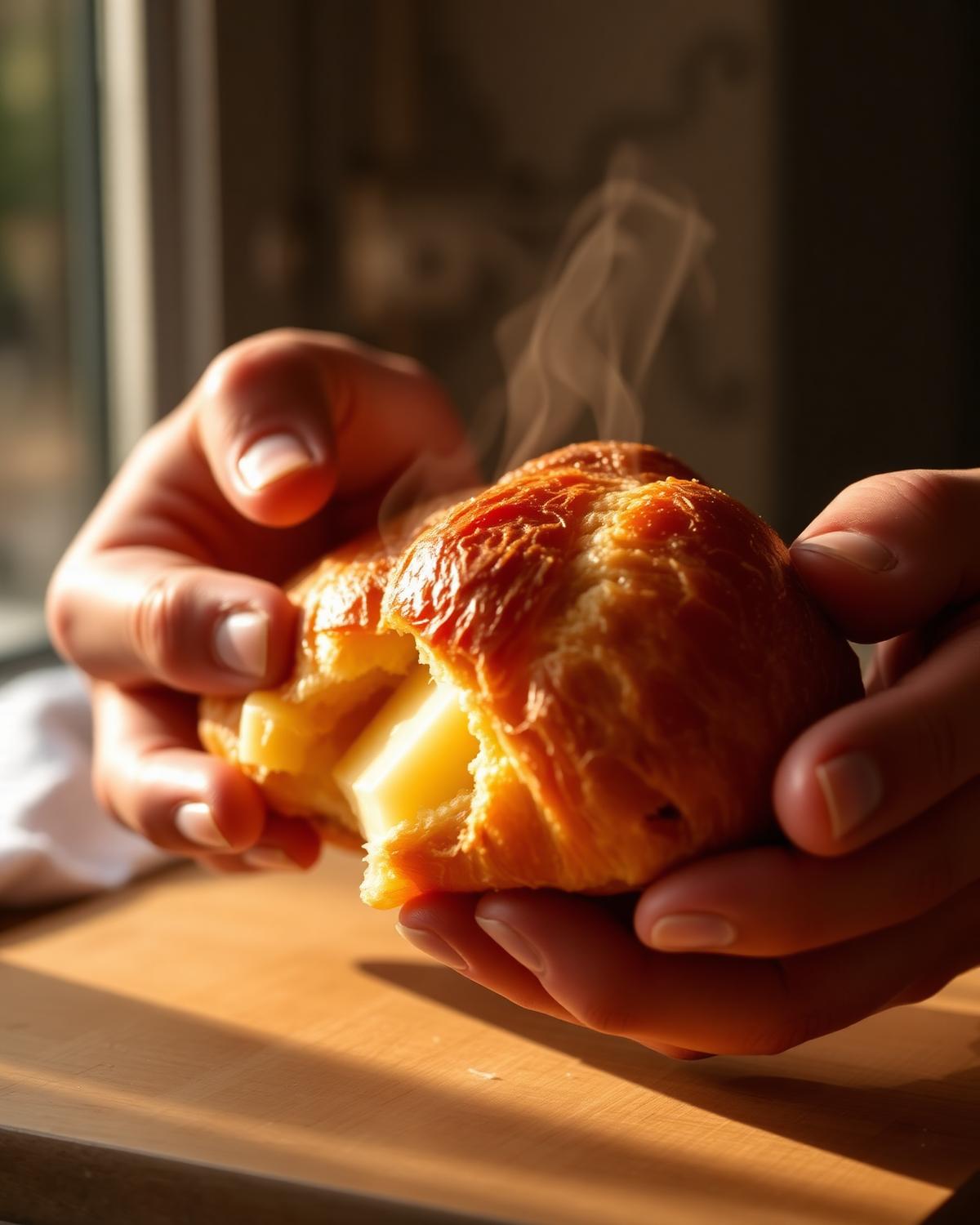 A freshly baked, buttery croissant being broken open at Kami Hyderabad